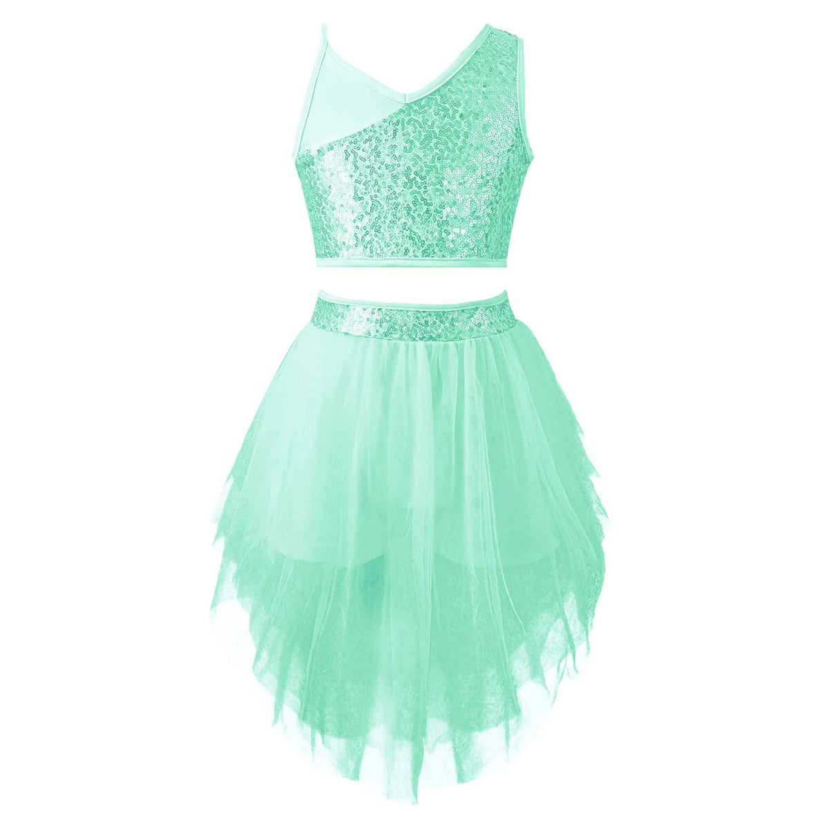 Sequins Ballet Dance Set Girls Crop Top Skirted Shorts Stage Dance Costumes