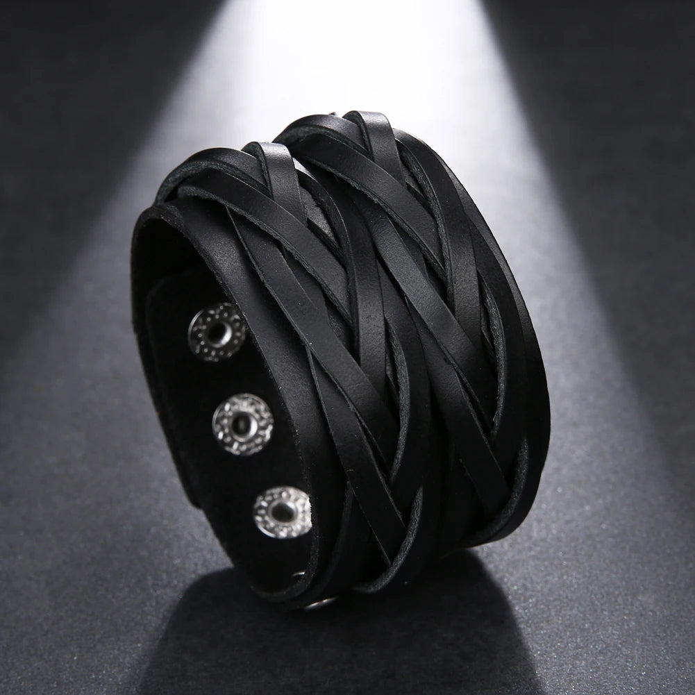 Braided Handmade Genuine Leather Bracelet Wide Wrist Cuff