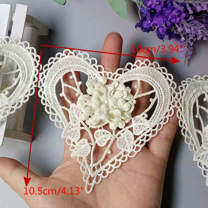 Ten Embroidered Cotton Lace Heart Flowers Lace Ribbon Trim