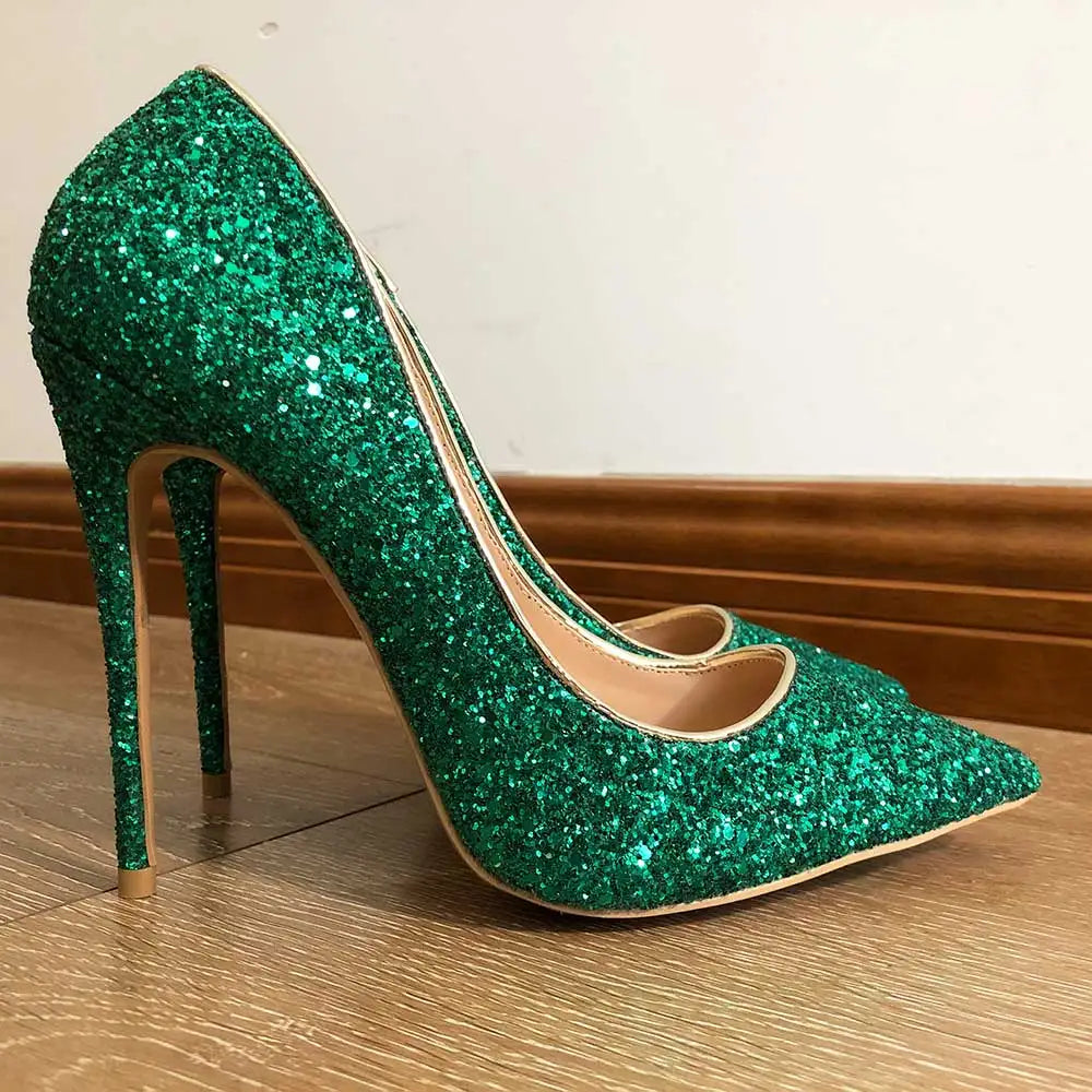 Esmerelda Glittery Green Shoes Green Stiletto High Heel Pointy Toe Shoes
