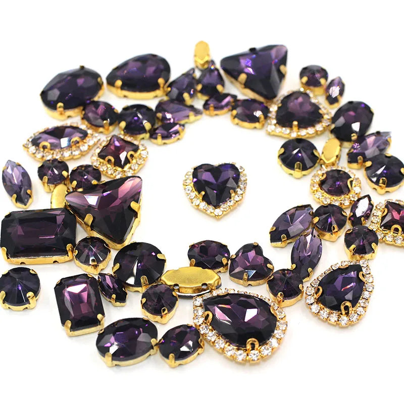 50pcs/Bag Shiny Mixed Shape Sew On Glass Rhinestone Gold Claw Crystal Buckle DIY Decoration 24 Colours