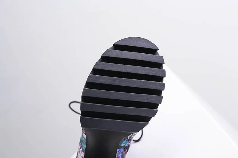 Purple Flower Print Platform Thick Heel Ankle Boots