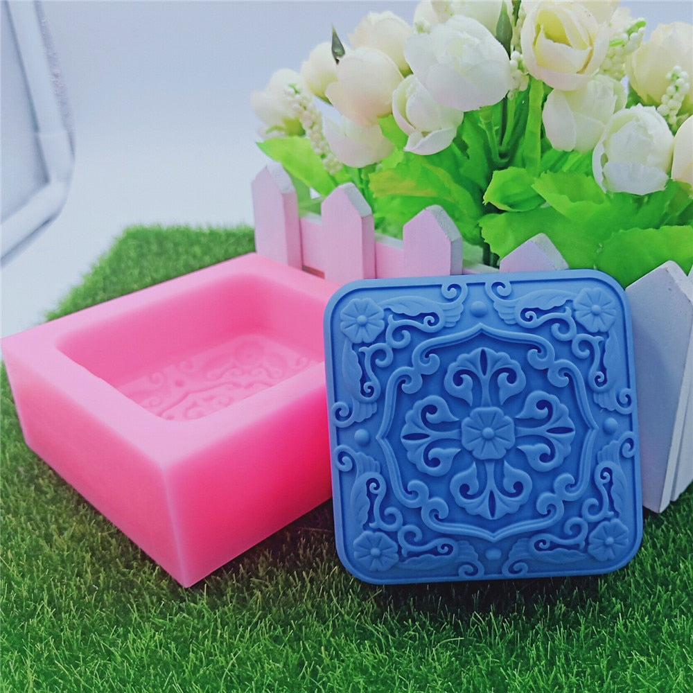 Square Tile Flower Pattern Handmade Soap Bar Mould DIY Crafts