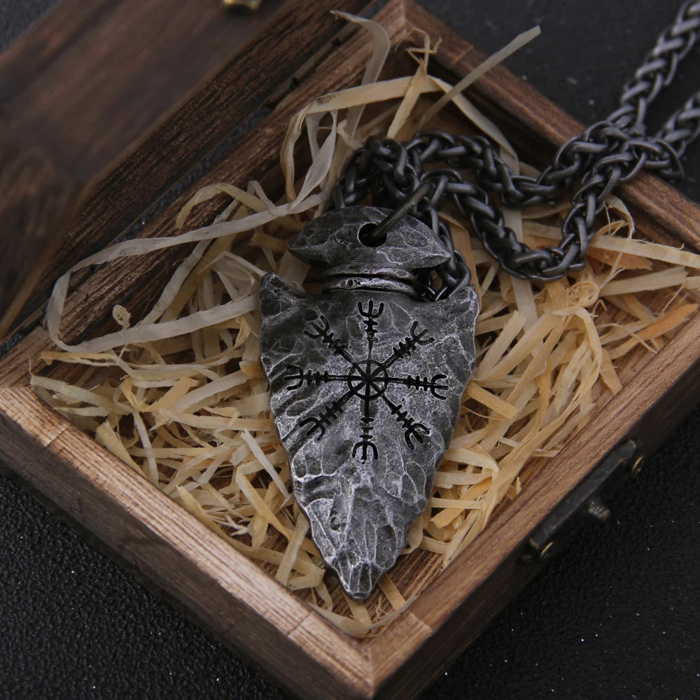Valknut Viking Spear Stainless Steel Pendant Necklace with Wooden Box