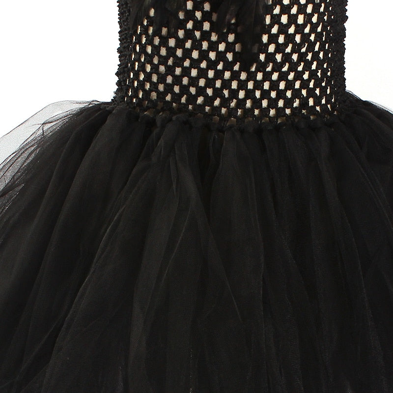 Black Swan Tulle Tutu Dress with Feather Wings and Hair Clip Halloween Costume