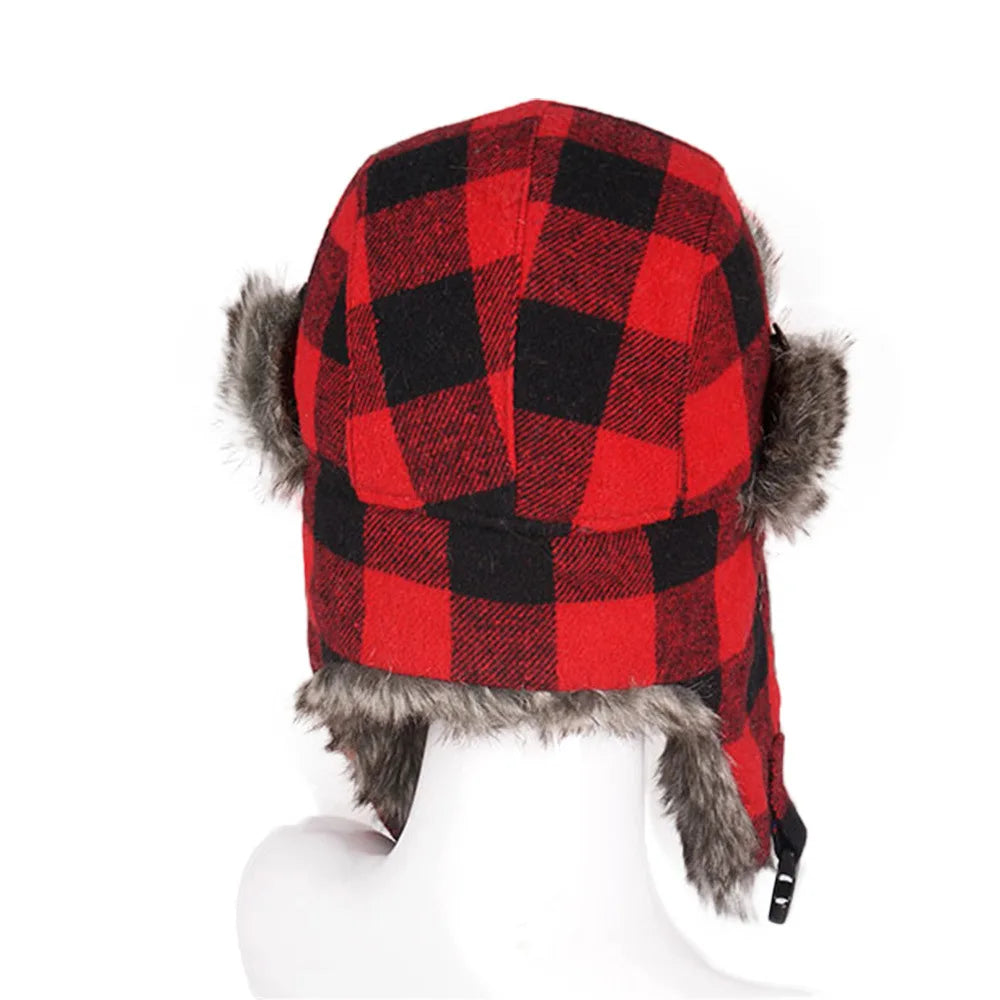 Woodland Woodsmen Red Plaid Winter Hats Faux Fur Bomber Warm Earflaps