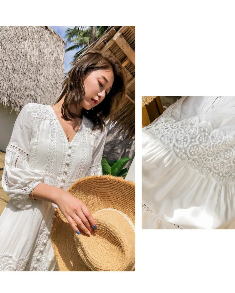 Dove's White Boho Lantern Sleeve Cotton Lace Dress