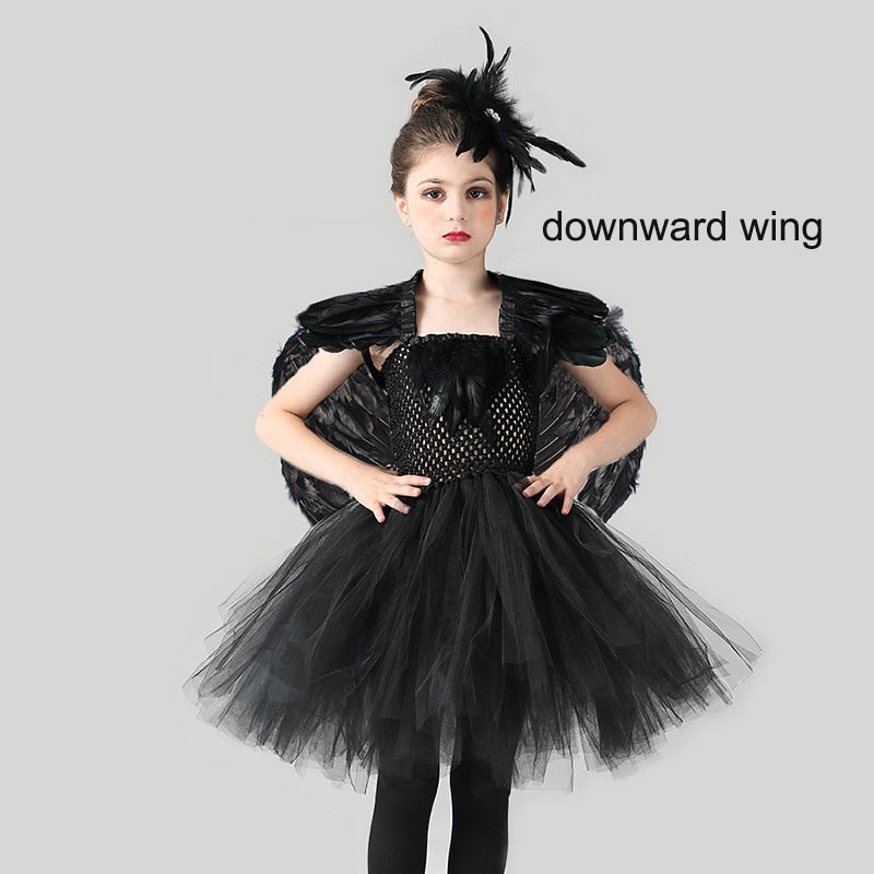 Black Swan Tulle Tutu Dress with Feather Wings and Hair Clip Halloween Costume