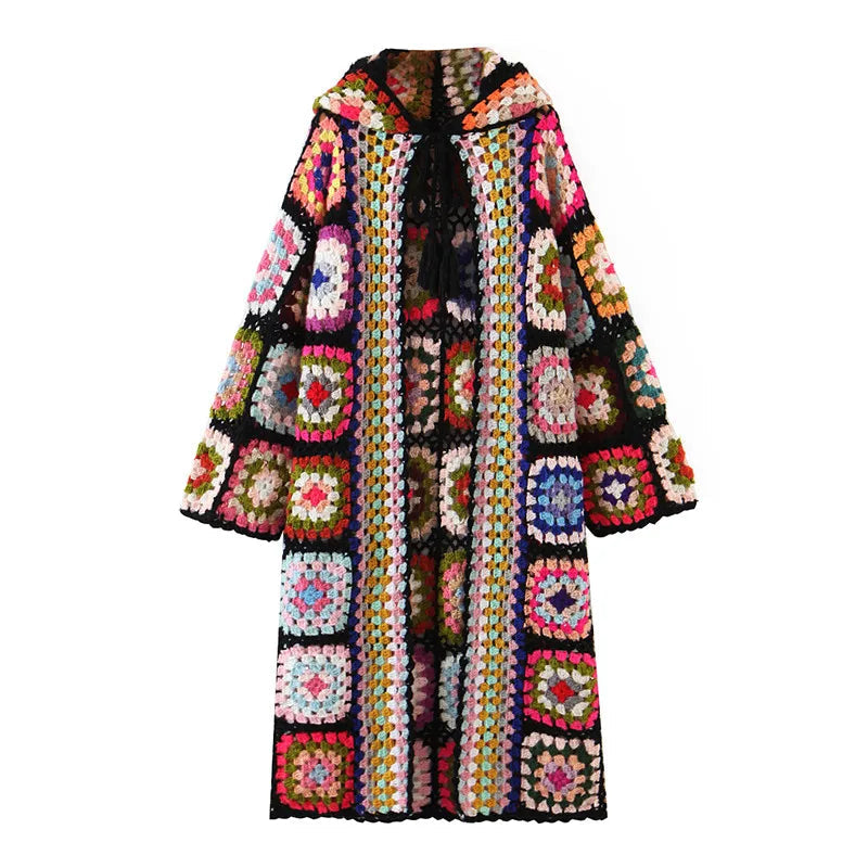 Granny Square Hand Crochet Mohair Hooded Long Cardigan