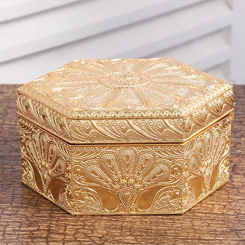 Golden Peacock Hexagonal Metal Jewellery Box