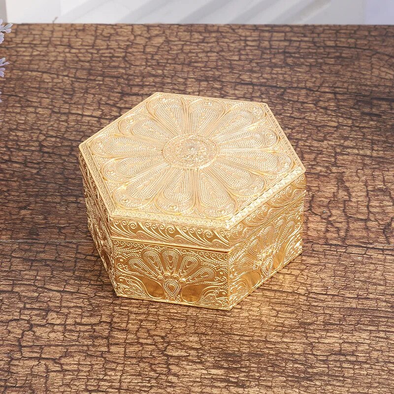 Golden Peacock Hexagonal Metal Jewellery Box