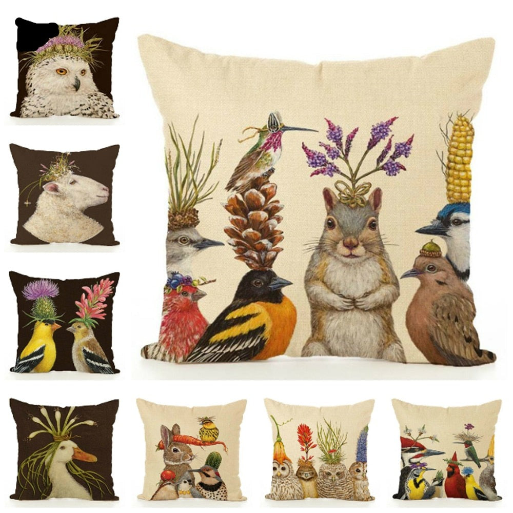 Spring Frolic Decorative Cushion Covers Squirrel Bird Bear Fox Printed Cotton Linen Pillowcase