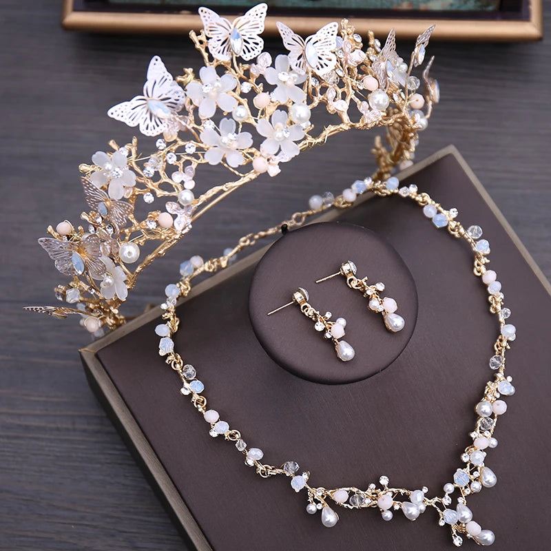 Princess Farfalla's Crystal Beads Pearl Butterfly Crown Jewellery Necklace Earrings Tiara Wedding Set