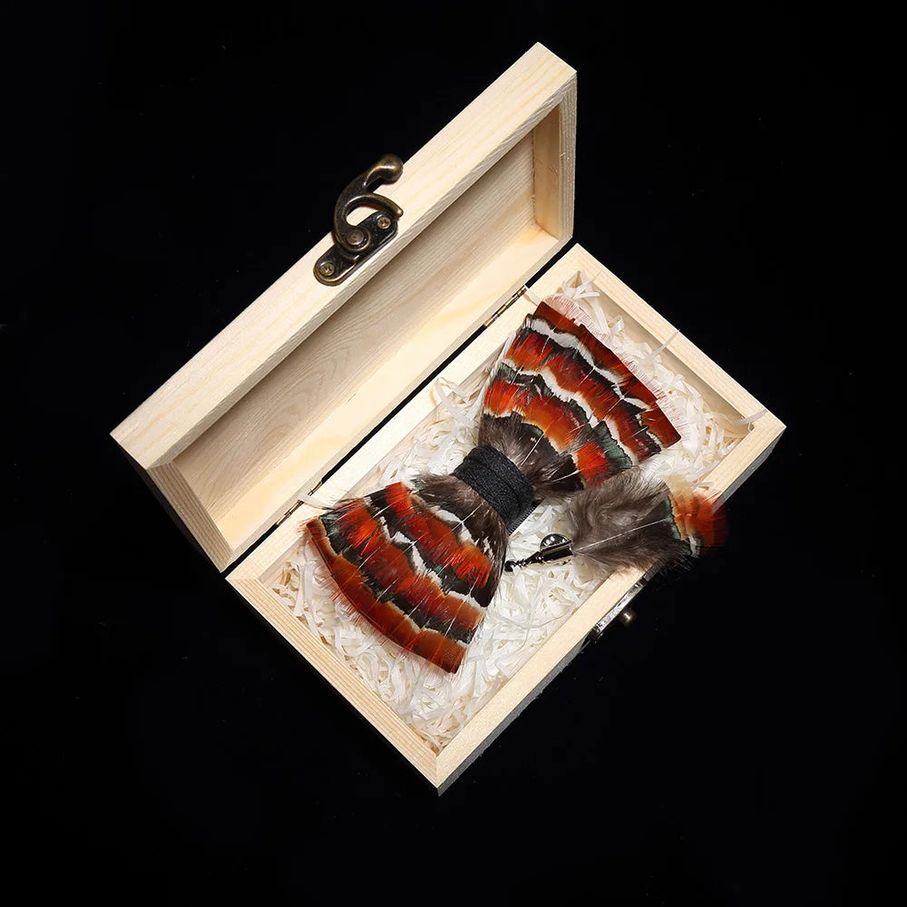 Handmade Woodland Feather Bow Ties & Lapel Pin Gift Box Set