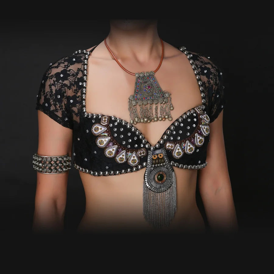 Tribal Fusion Belly Dance Clothes 3pcs Outfit Tops Belt and Pants Women Dance Costume