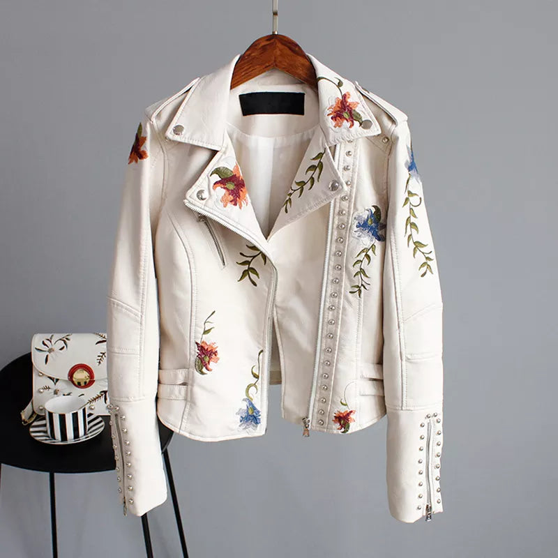 Wild Rose's Floral Print Embroidery Faux Soft Leather Motorcycle Jacket