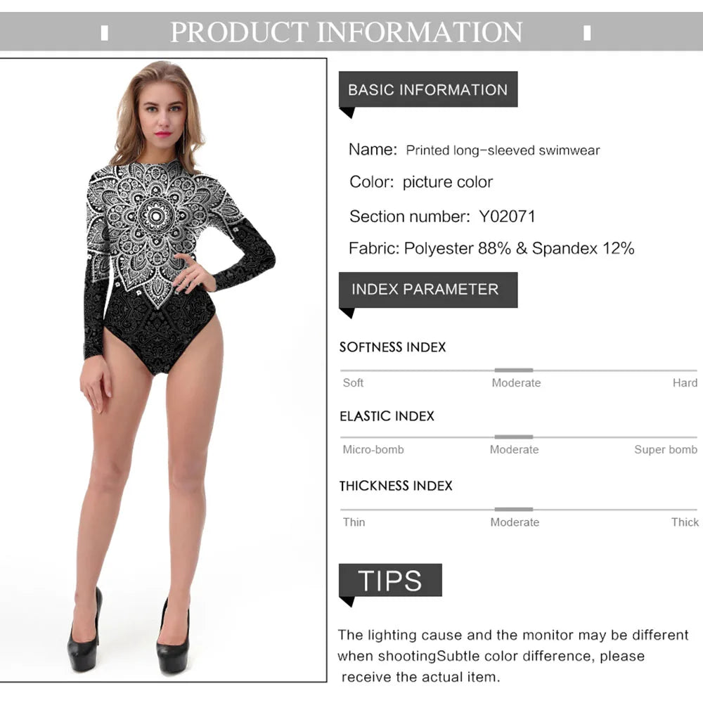 Mandala Printed Long Sleeve Swimwear One-piece Surfing Swimsuit