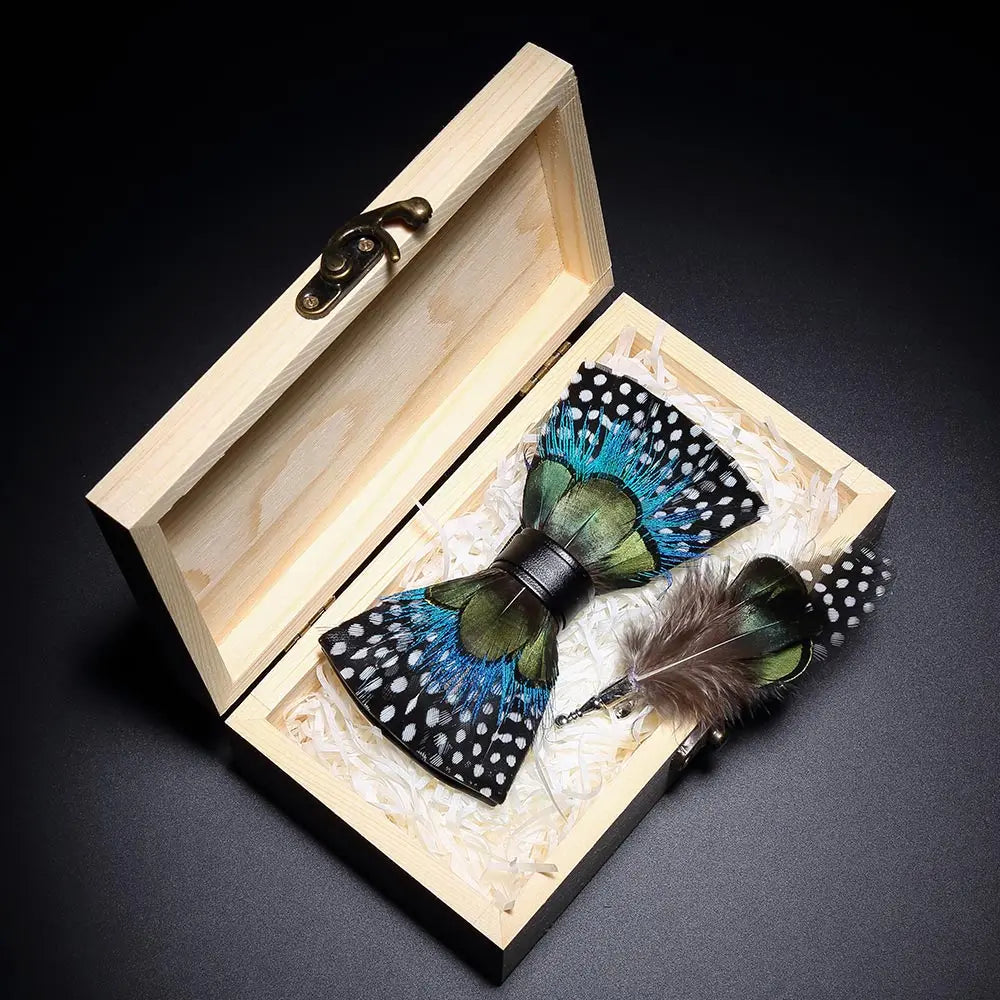 Handmade Woodland Feather Bow Ties & Lapel Pin Gift Box Set
