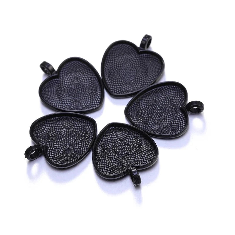 Ten Heart Cabochon Pendant Bases 25mm Alloy Bezel Trays DIY Jewellery Making Supplies