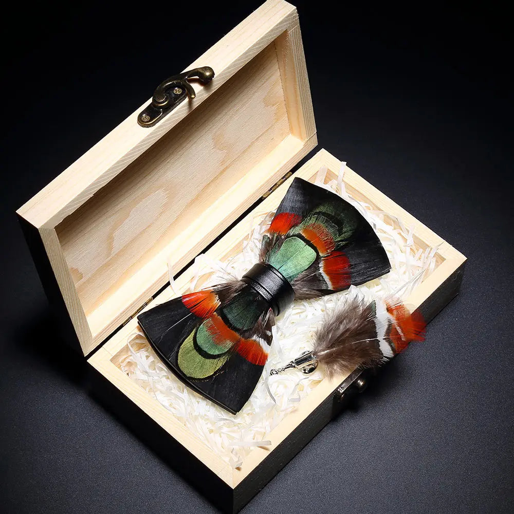 Handmade Woodland Feather Bow Ties & Lapel Pin Gift Box Set