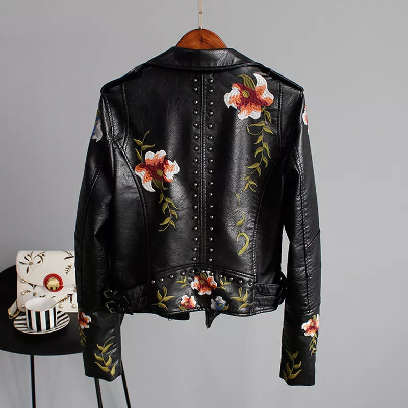 Wild Rose's Floral Print Embroidery Faux Soft Leather Motorcycle Jacket