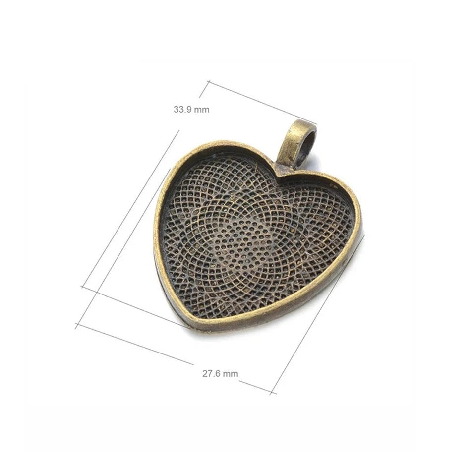 Ten Heart Cabochon Pendant Bases 25mm Alloy Bezel Trays DIY Jewellery Making Supplies