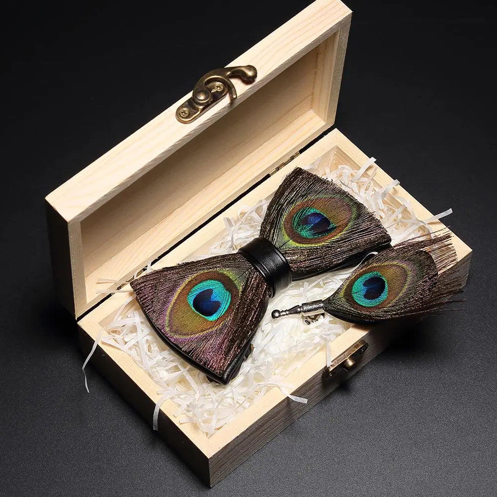Handmade Woodland Feather Bow Ties & Lapel Pin Gift Box Set