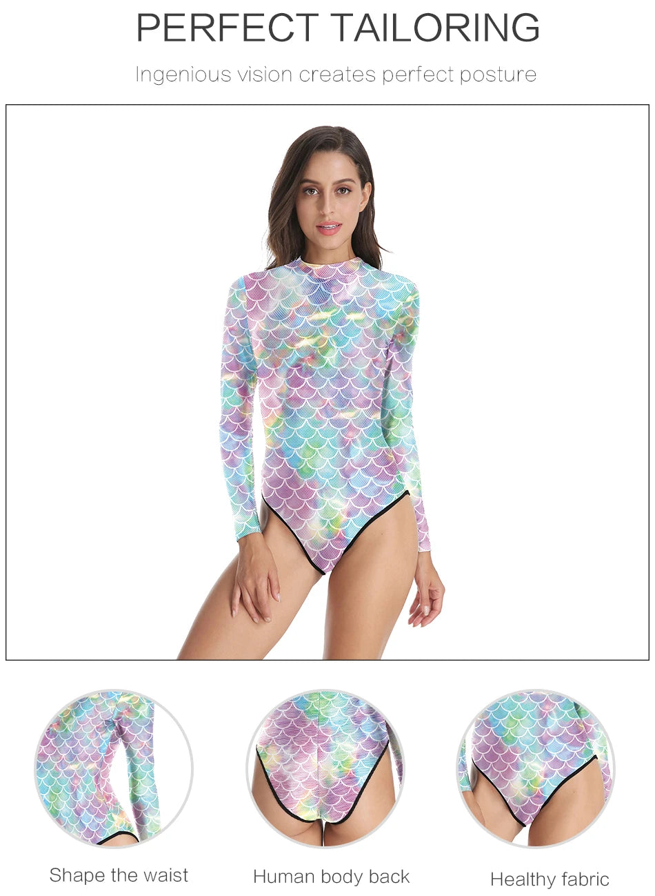 Mermaid Scales Printed Long Sleeve Swimwear One-piece Surfing Swimsuit