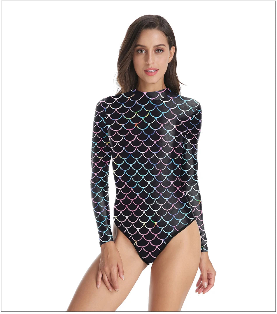 Mermaid Scales Printed Long Sleeve Swimwear One-piece Surfing Swimsuit