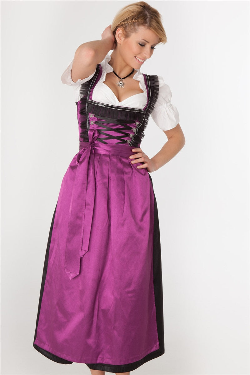 Long Purple Bavarian Traditional Oktoberfest Dirndl Beer Wench Maid Costume