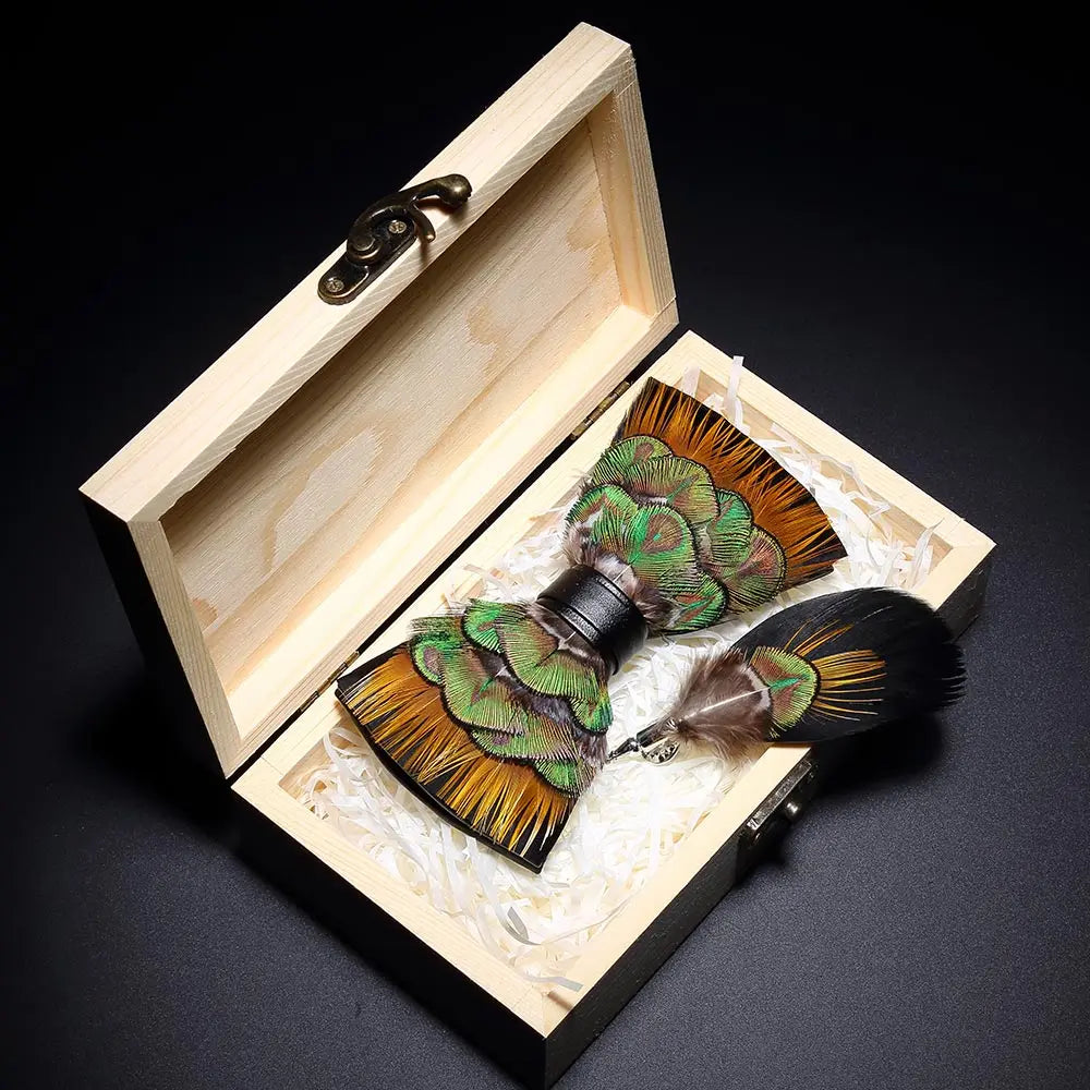 Handmade Woodland Feather Bow Ties & Lapel Pin Gift Box Set