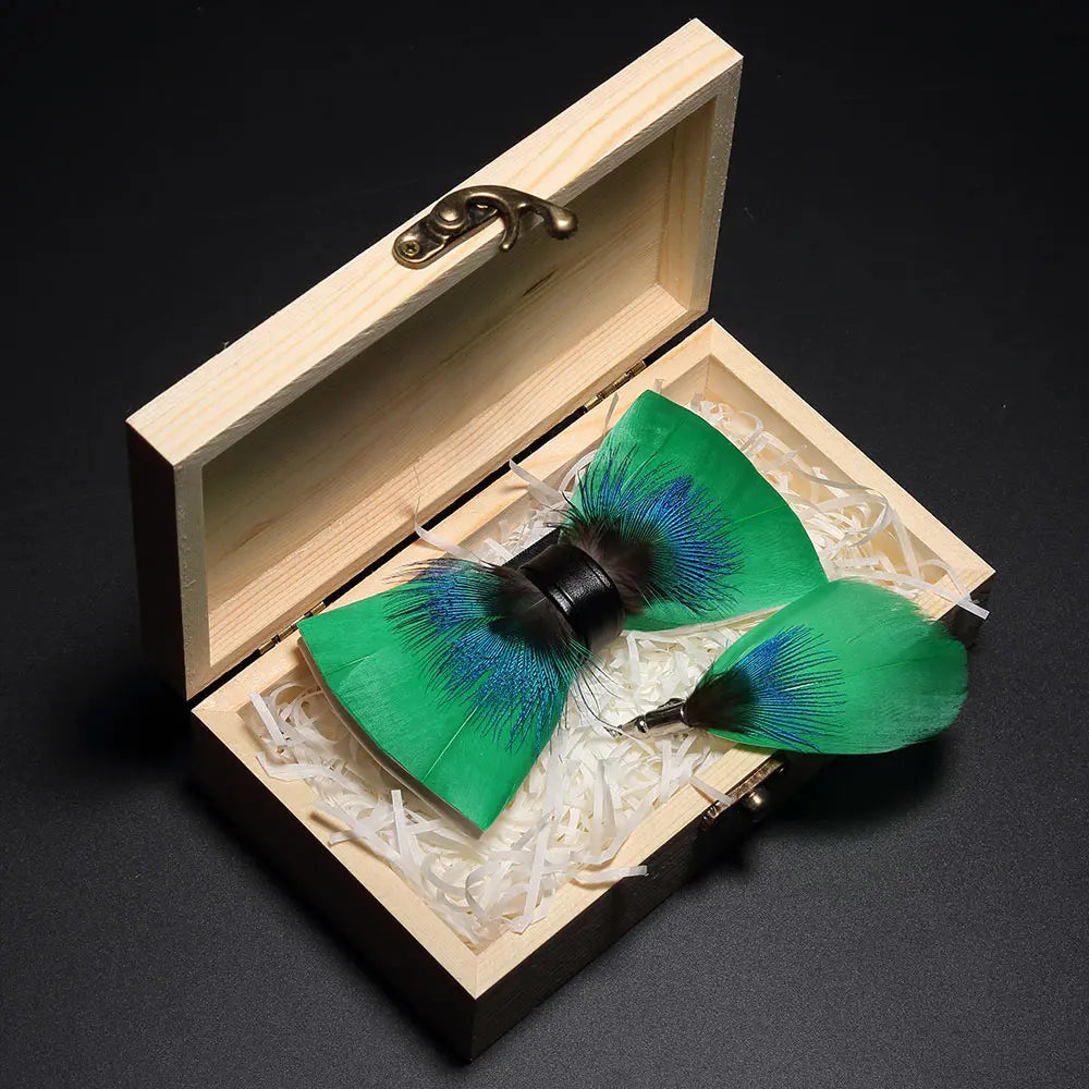 Handmade Woodland Feather Bow Ties & Lapel Pin Gift Box Set