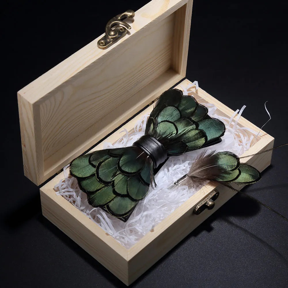 Handmade Woodland Feather Bow Ties & Lapel Pin Gift Box Set
