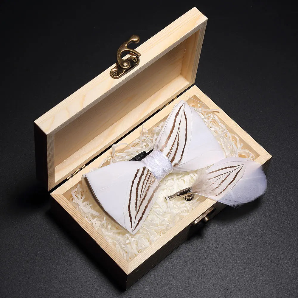 Handmade Woodland Feather Bow Ties & Lapel Pin Gift Box Set