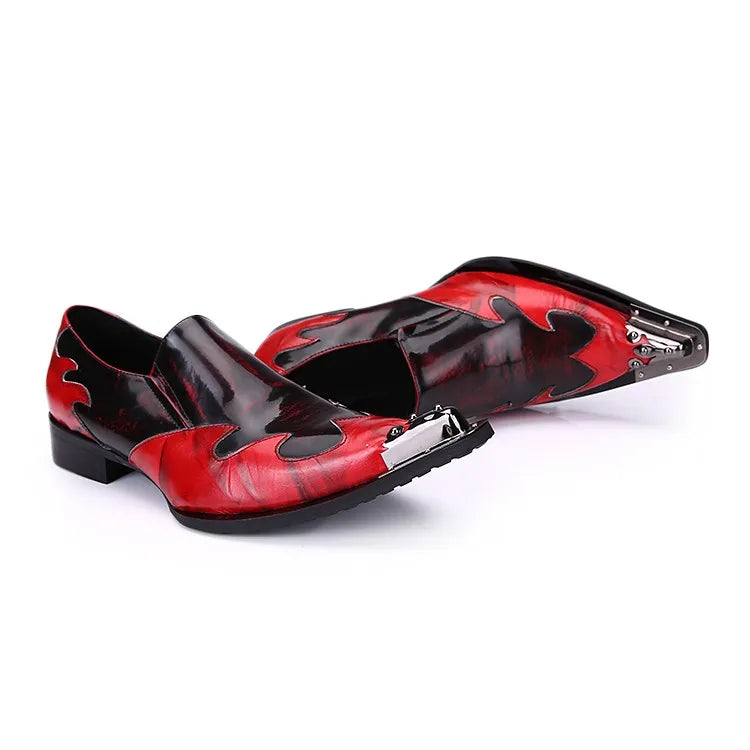 Flaming Rock Mens Dress Shoes Red Faux Leather Pointed Iron Toe Shoes for Men
