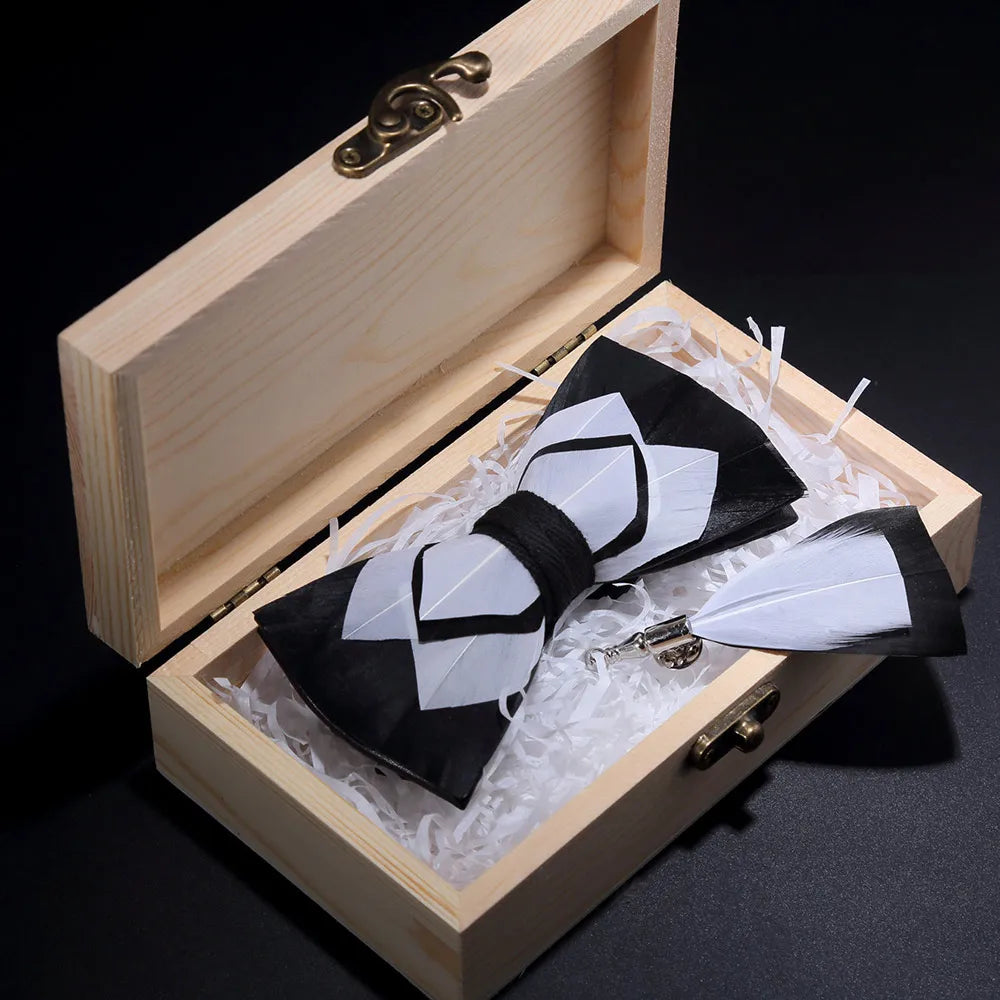 Handmade Woodland Feather Bow Ties & Lapel Pin Gift Box Set