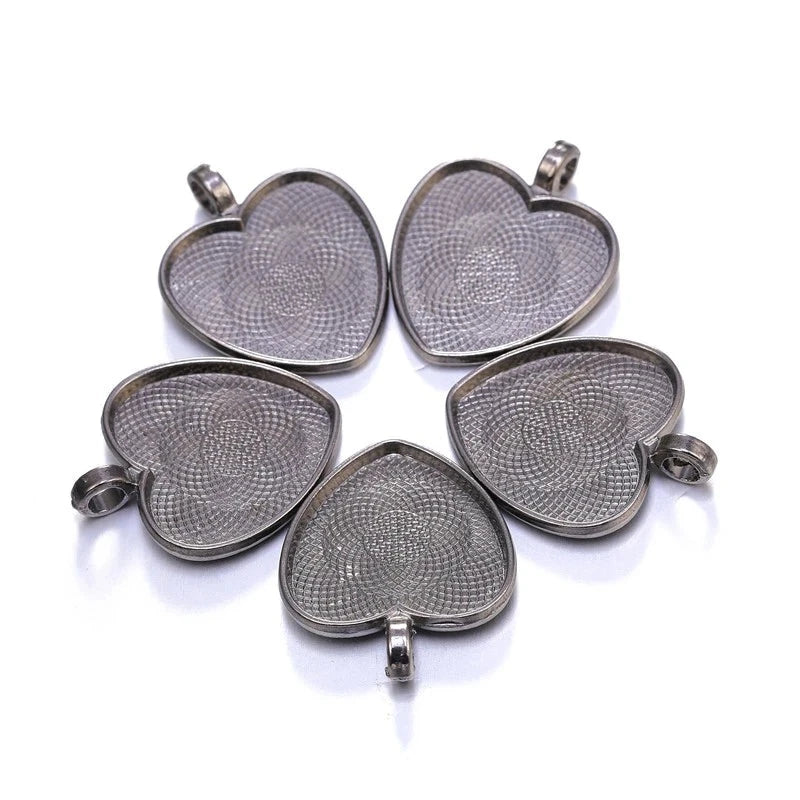 Ten Heart Cabochon Pendant Bases 25mm Alloy Bezel Trays DIY Jewellery Making Supplies
