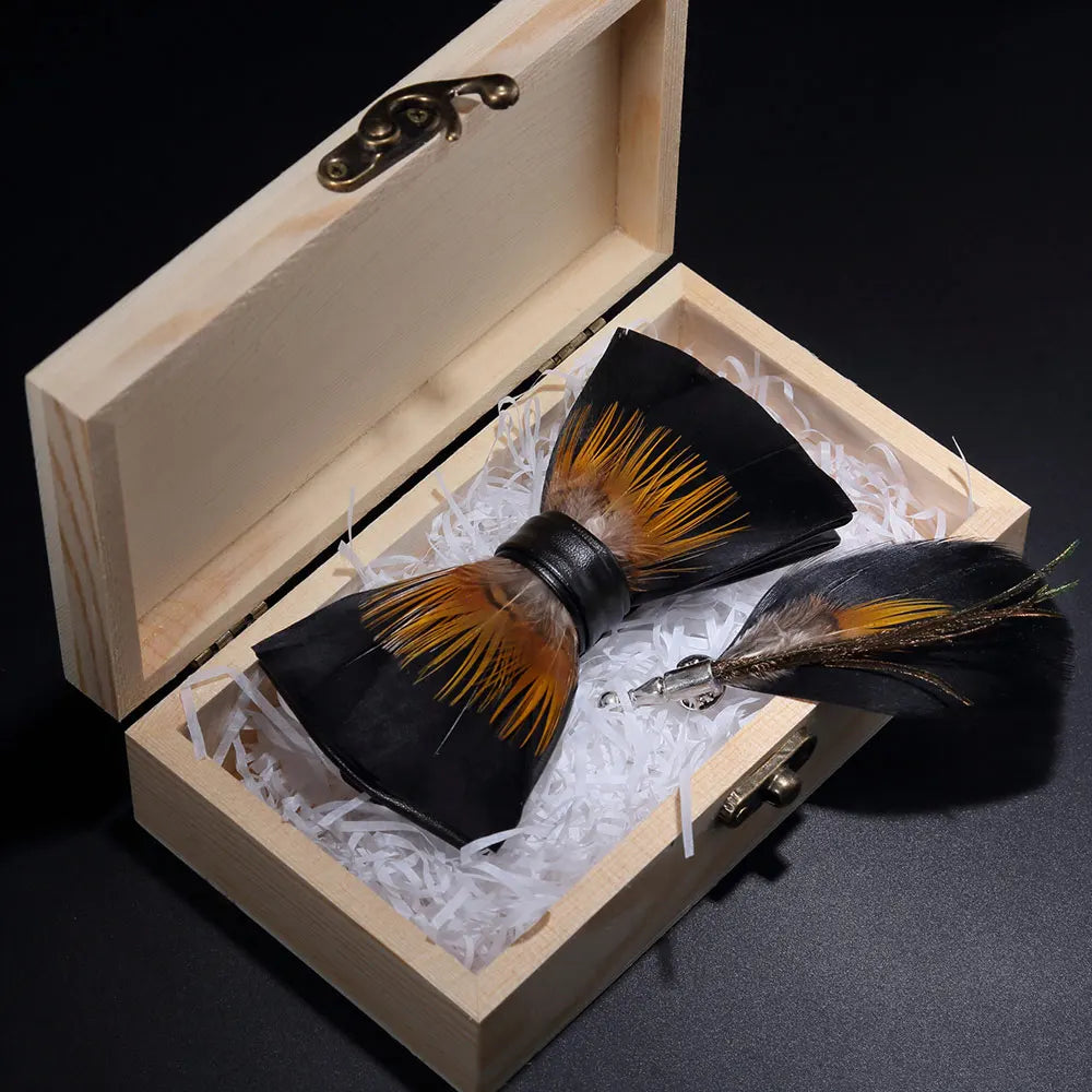 Handmade Woodland Feather Bow Ties & Lapel Pin Gift Box Set