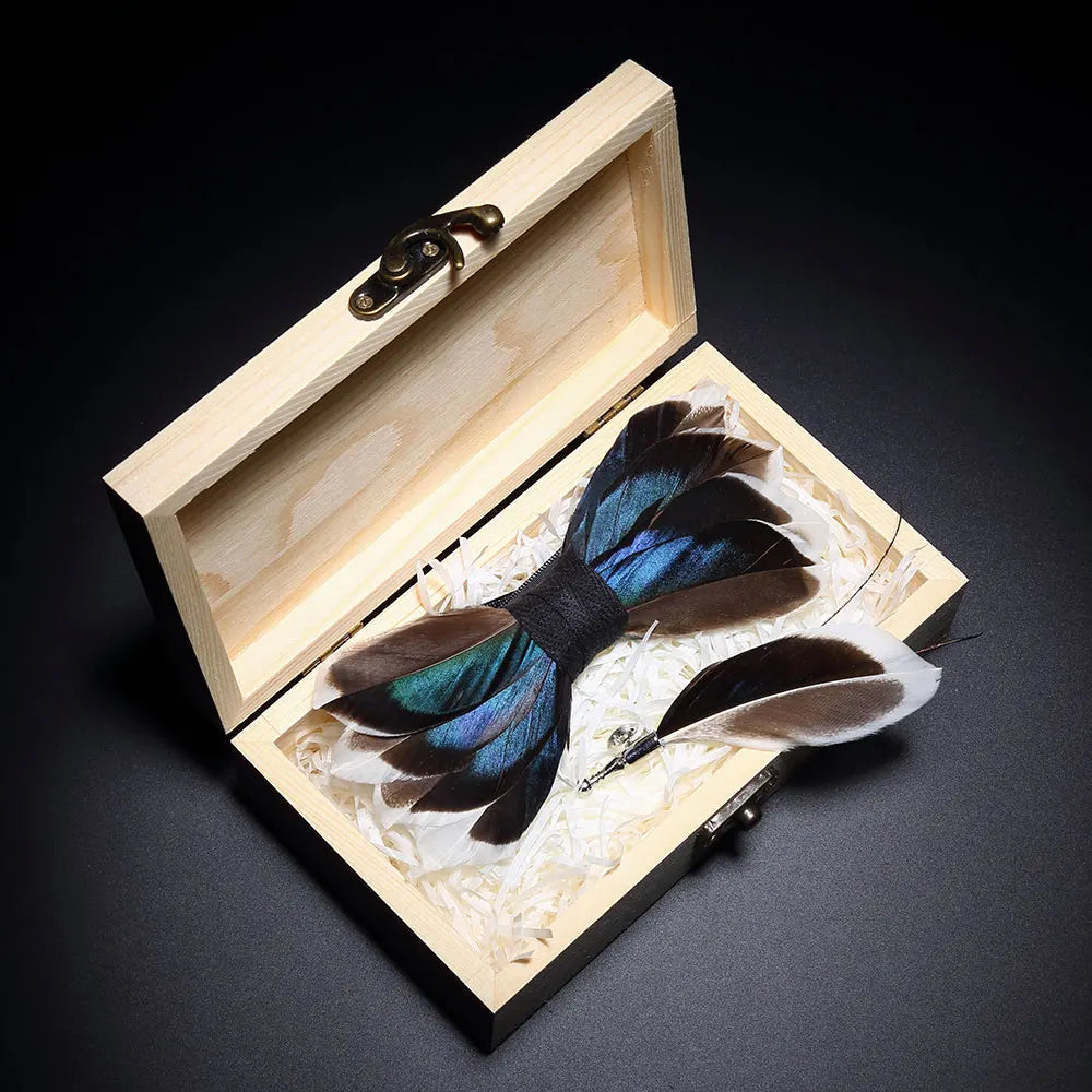 Handmade Woodland Feather Bow Ties & Lapel Pin Gift Box Set