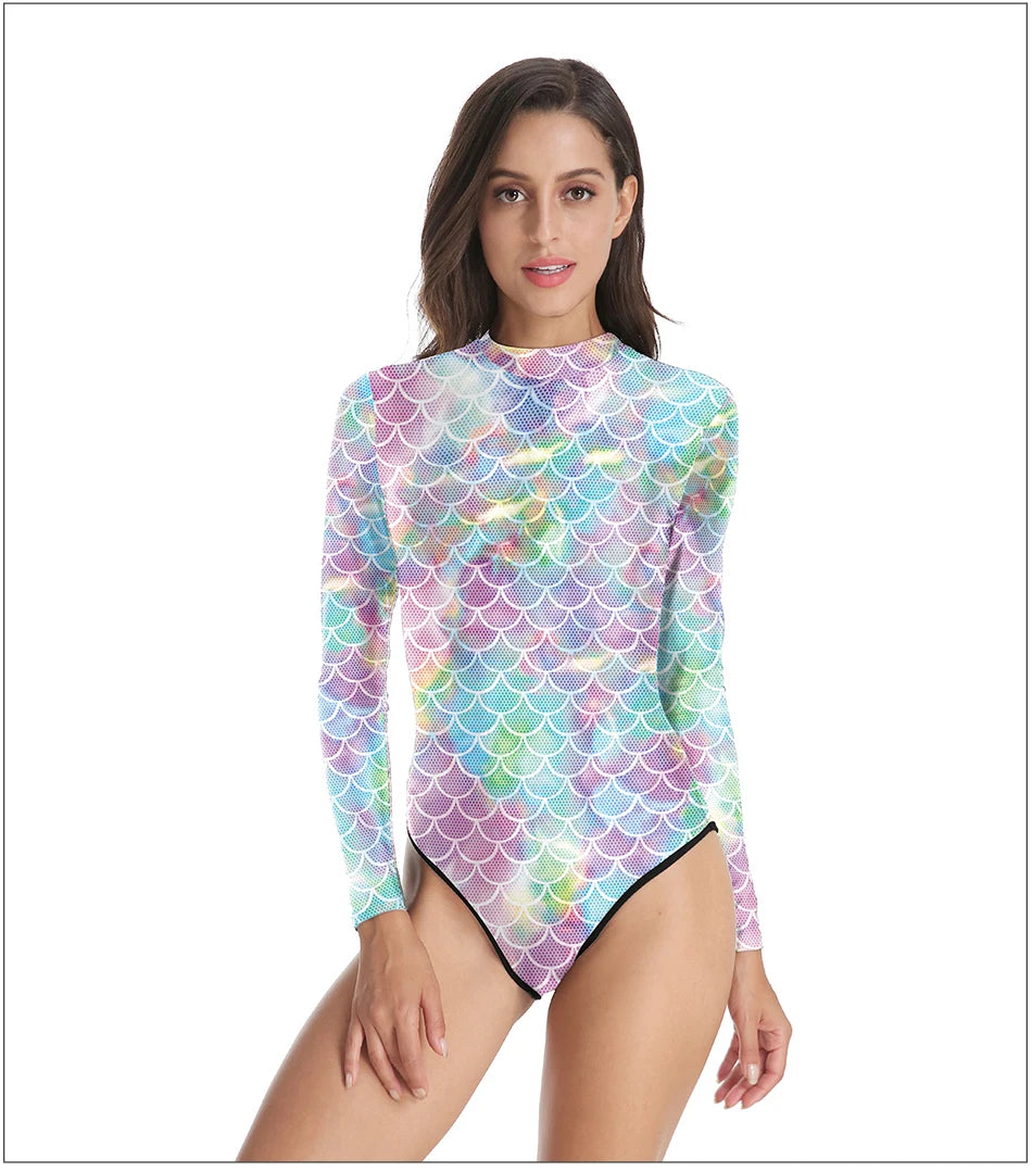 Mermaid Scales Printed Long Sleeve Swimwear One-piece Surfing Swimsuit