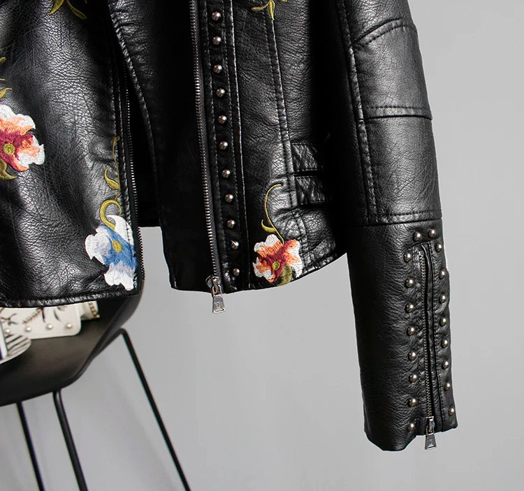 Wild Rose's Floral Print Embroidery Faux Soft Leather Motorcycle Jacket