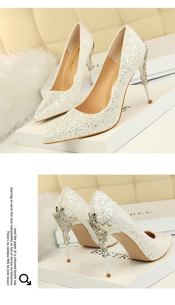 Magical Glittery Metal Embellised Heel Pumps Pointed Toe High Heels