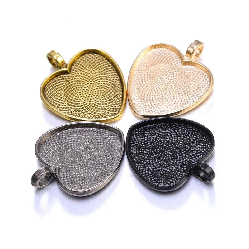 Ten Heart Cabochon Pendant Bases 25mm Alloy Bezel Trays DIY Jewellery Making Supplies