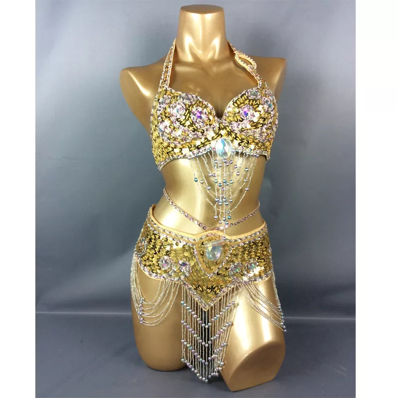 Beaded Sequins Belly Dancing Belt+Bra Samba Costumes