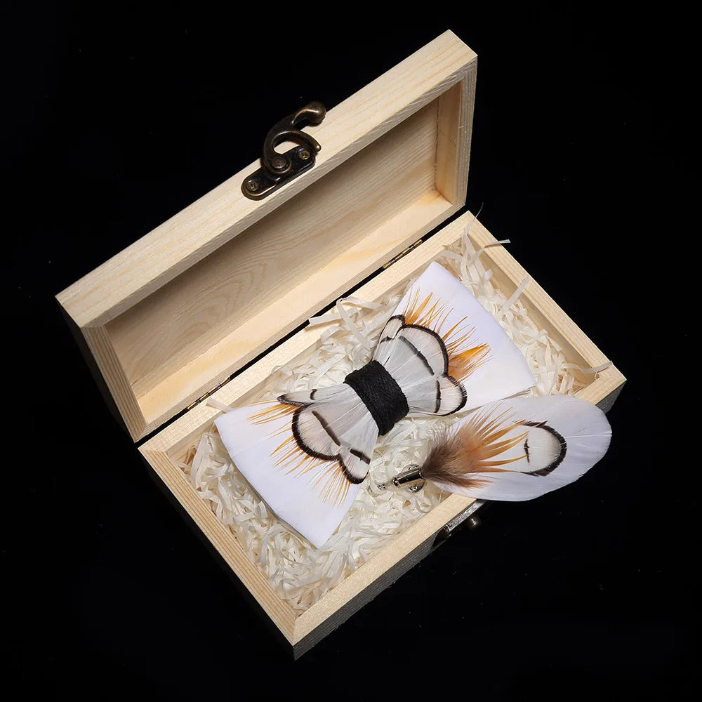 Handmade Woodland Feather Bow Ties & Lapel Pin Gift Box Set