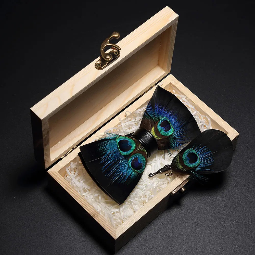 Handmade Woodland Feather Bow Ties & Lapel Pin Gift Box Set