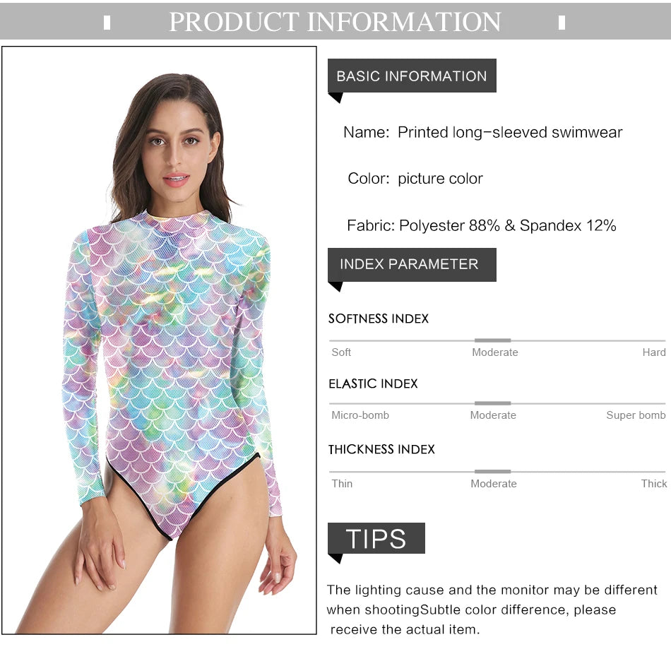 Mermaid Scales Printed Long Sleeve Swimwear One-piece Surfing Swimsuit
