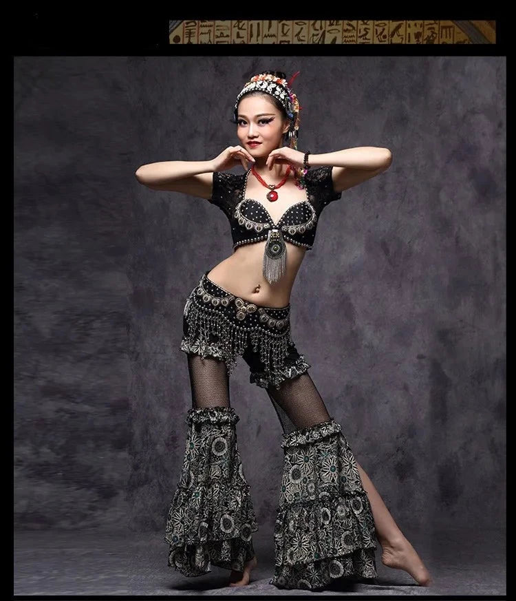 Tribal Fusion Belly Dance Clothes 3pcs Outfit Tops Belt and Pants Women Dance Costume