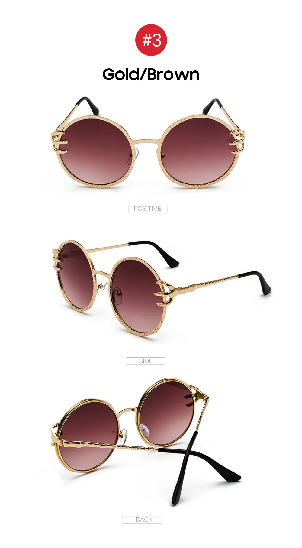 Claw Gripped Round Sunglasses Gothic Gold Metal Frame Shades
