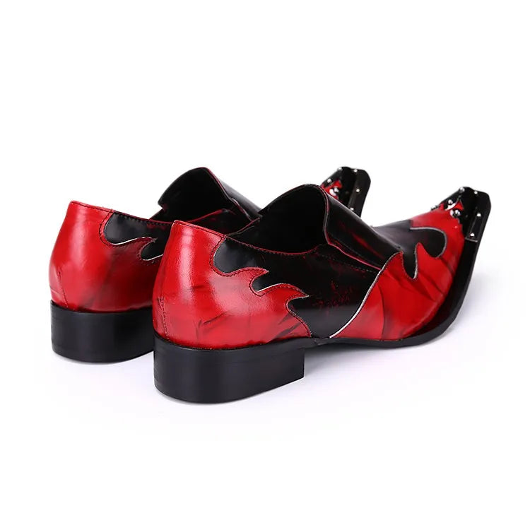 Flaming Rock Mens Dress Shoes Red Faux Leather Pointed Iron Toe Shoes for Men